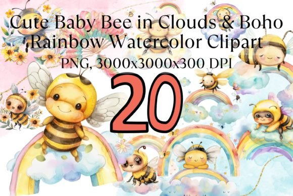 Download Cute Bee Boho Rainbow Watercolor Clipart - Watercolor Collection
