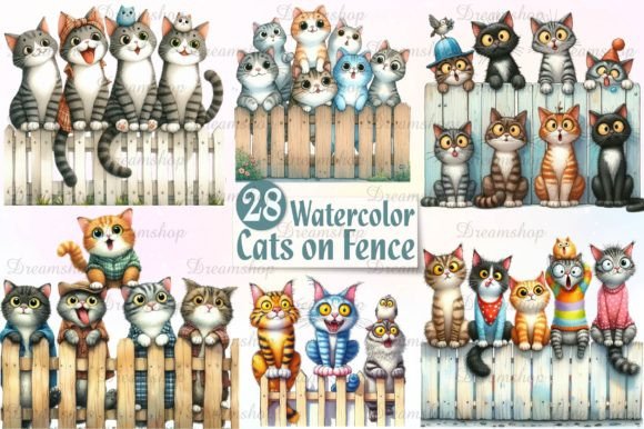 Download Watercolor Funny Cats on Fence Clipart - Watercolor Collection
