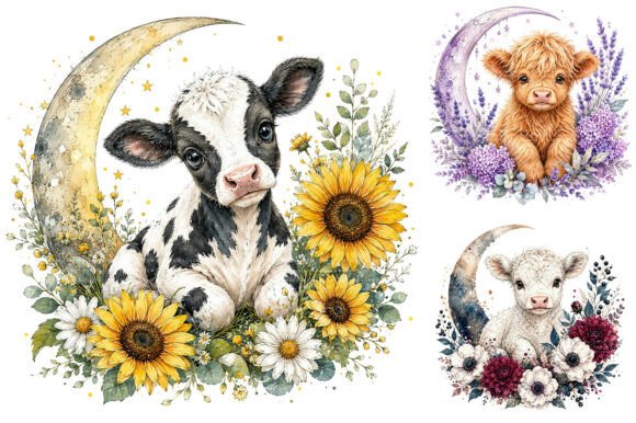 Download Cute Baby Cow Floral Crescent Moon PNG - Moon png Collection
