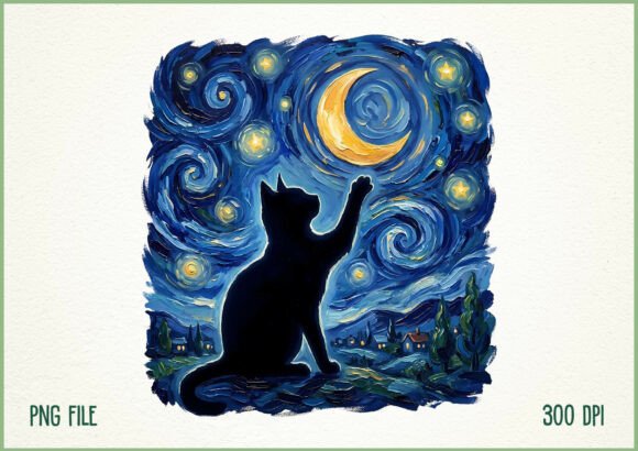 Download Starry Night Cat Painting Moon PNG - Moon png Collection