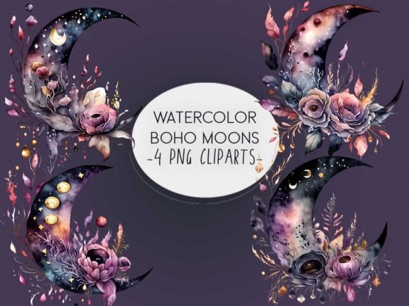 Download Watercolor Boho Moon Clipart Sublimation - Watercolor Collection