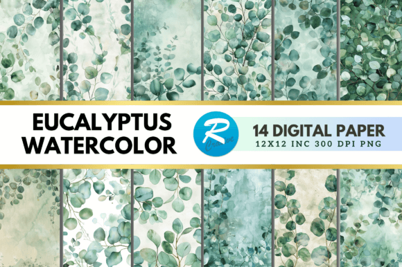 Download Eucalyptus Watercolor Digital Paper Pack - Watercolor Collection