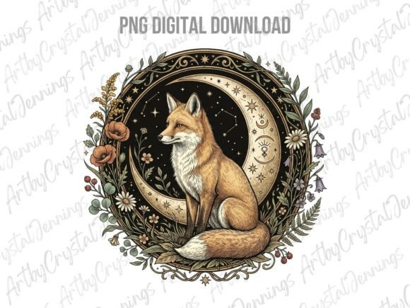 Download Vintage Floral Celestial Fox Moon PNG - Moon png Collection