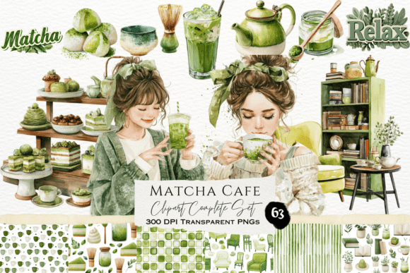 Download Matcha Cafe Watercolor Clipart Set - Watercolor Collection