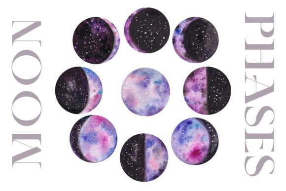 Download Watercolor Moon Phases - Cosmic PNG Set - Watercolor Collection