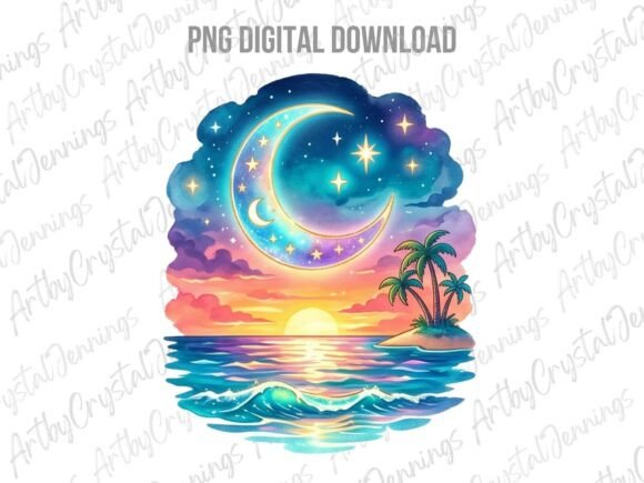 Download Watercolor Celestial Tropical Moon PNG - Moon png Collection