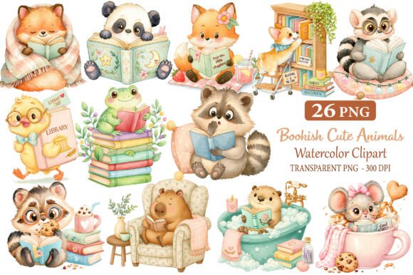Download Bookish Cute Animals Watercolor Cliparts - Watercolor Collection