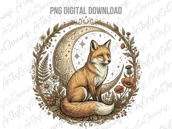 Download Vintage Floral Celestial Fox Moon PNG - Moon png Collection