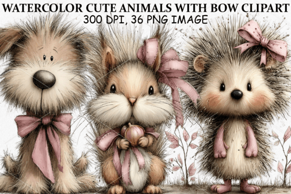 Download Watercolor Cute Animals with Bow Clipart - Watercolor Collection